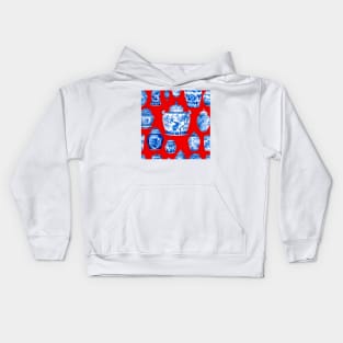 Blue and white chinoiserie jars on red Kids Hoodie
